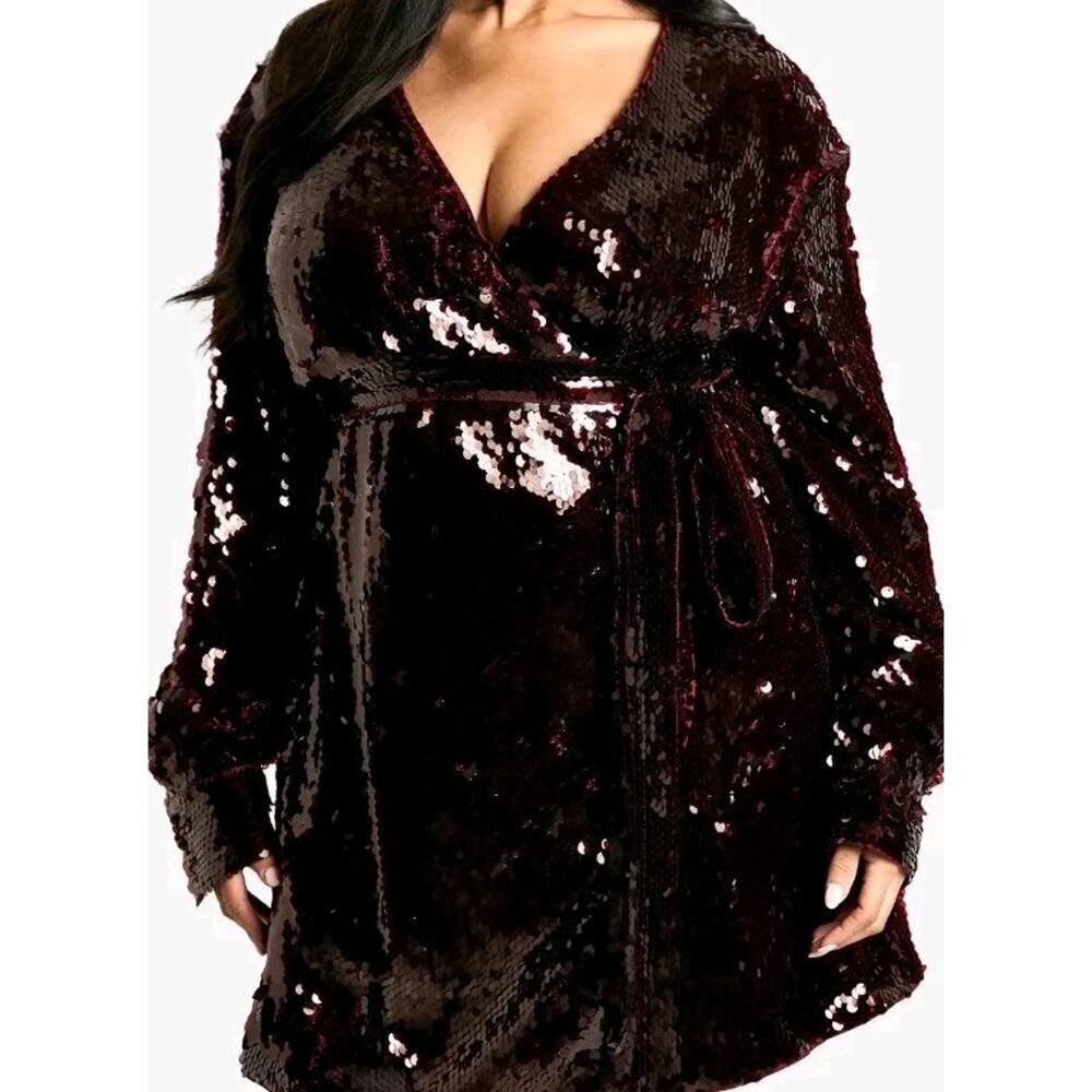 Boohoo Elegant Sexy Sequin Wrap Dress W Belt Malbec Red PLUS 16 Heavy Snap Closu